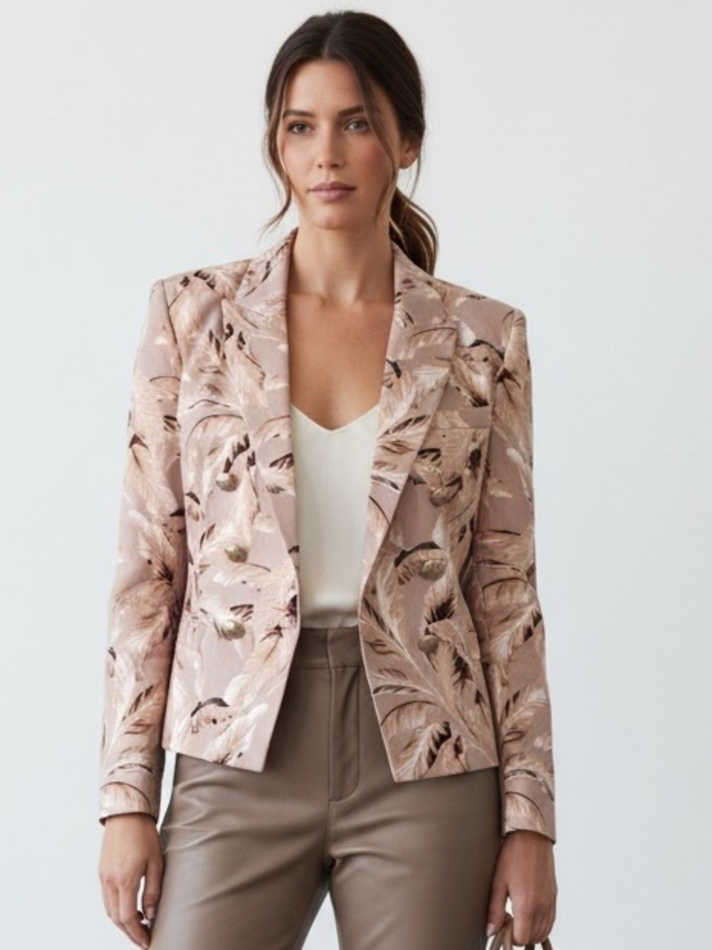 NWOT L’Agence Brooke Leaf Print Linen Blend Double Breasted Blazer Sz 6
